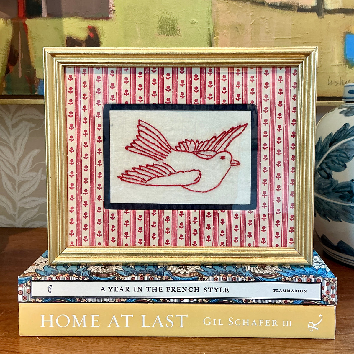 Antique Redwork Flying Bird Embroidery in Pink Floral Brunschwig & Fils Wrapped Mat in Gold Frame