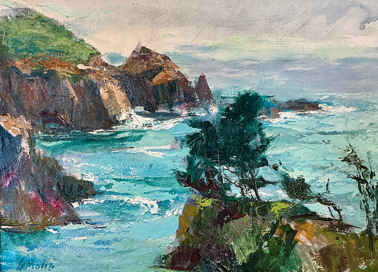 Blessing "Betty" LeMohn Buckthorne Cove Mendocino, CA Cliffside Landscape Oil Painting in Gold Frame