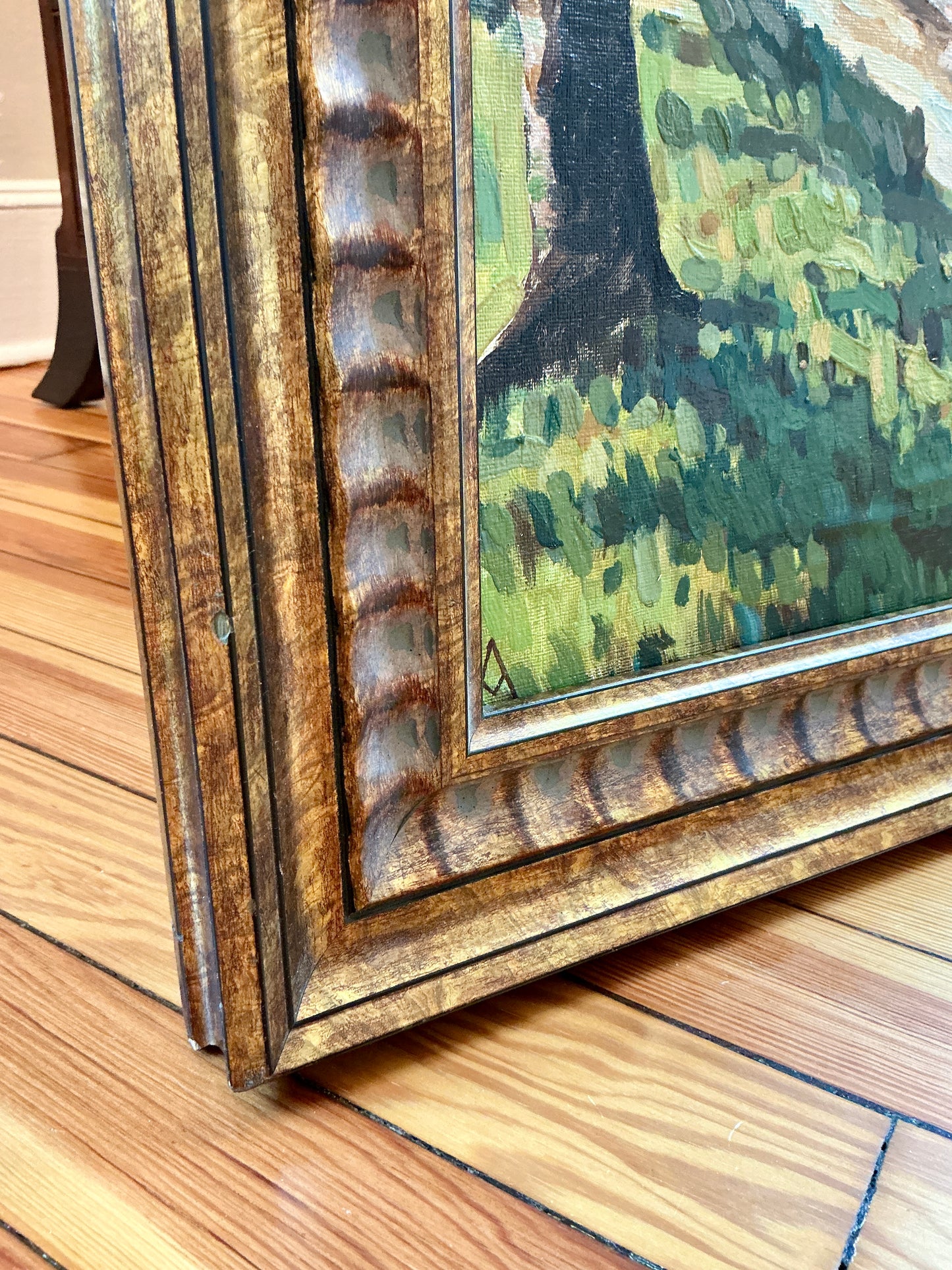 Impressionist Riverside Landscape Oil Painting in Dark Gold Frame
