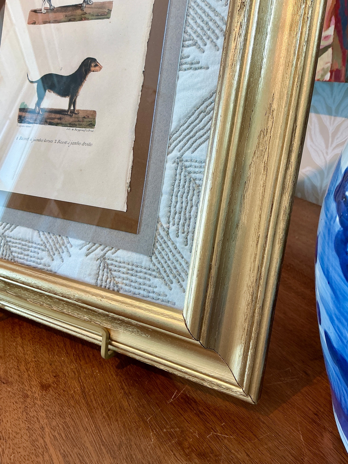19th Century Basset Hound French Bookplate on Quilted Schumacher Fabric in Gold Frame