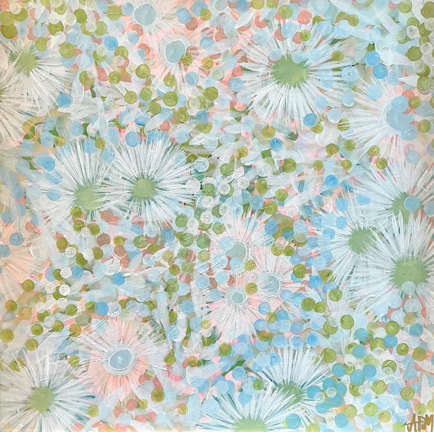 Alison Diamond McElroy Spritz Season Abstract Floral Painting in Gold Bamboo Frame