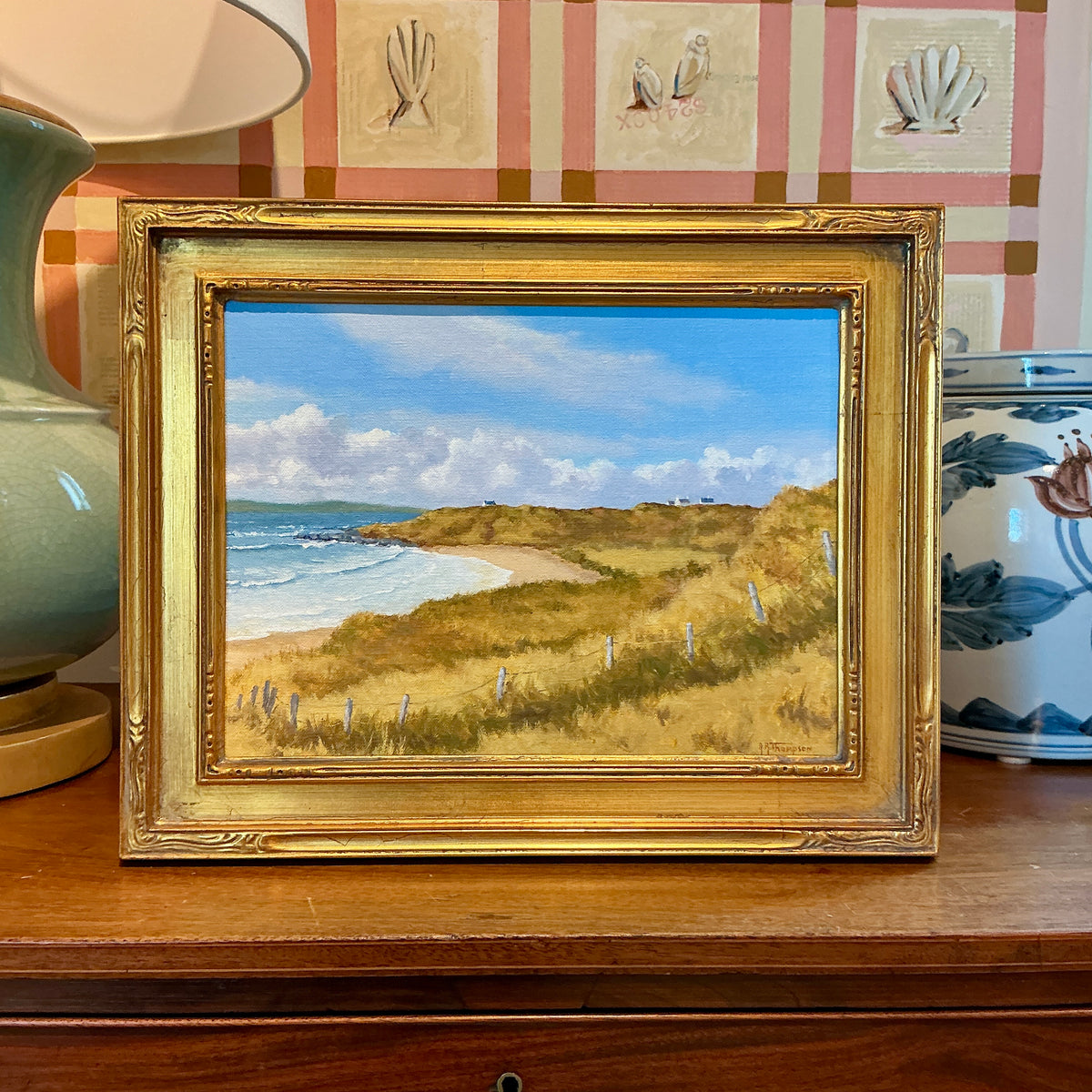 Anthony R. Thompson Cottages By The Burren Fanore Ireland Coastal Landscape Oil Painting in Gold Frame