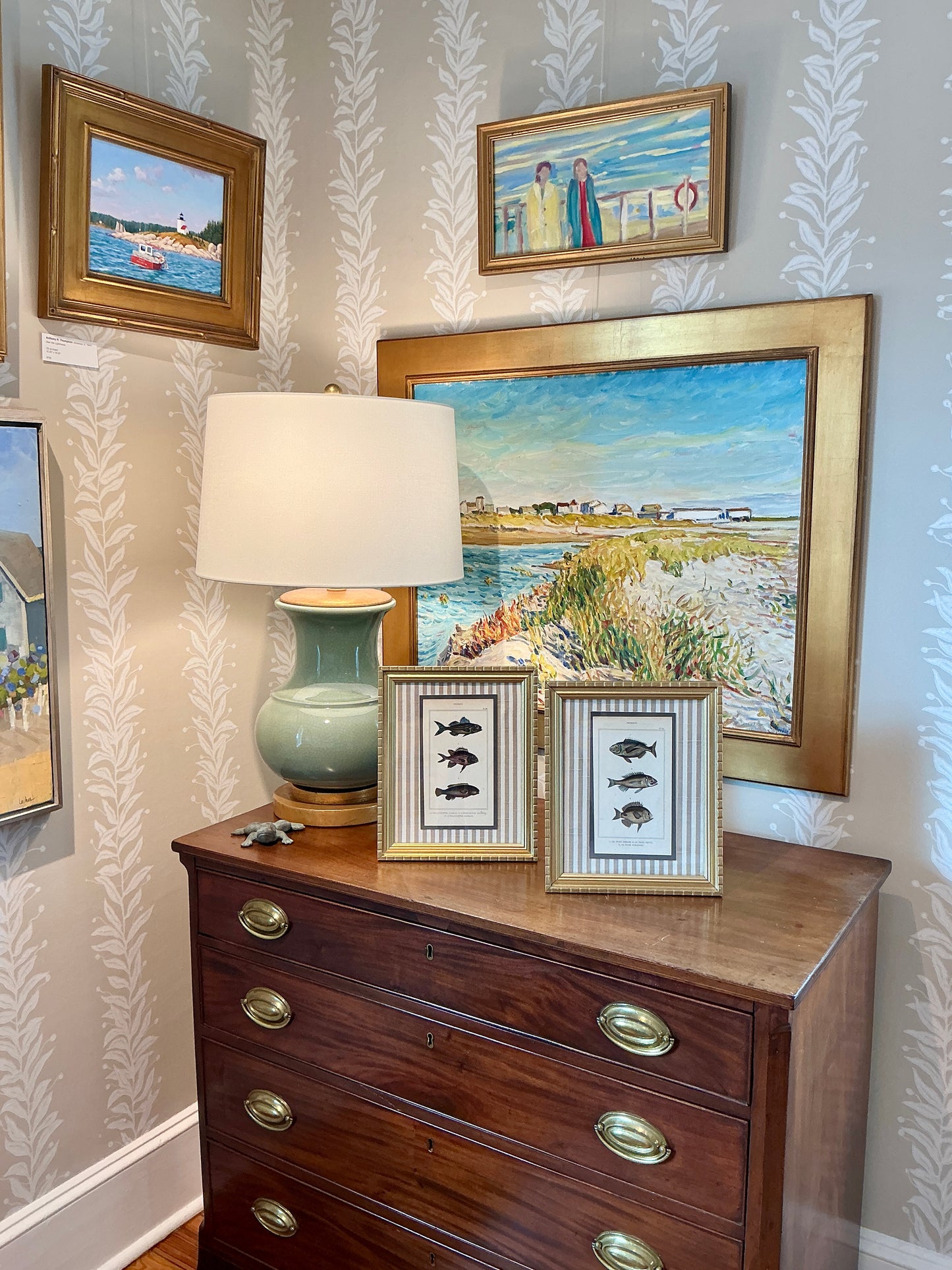 Pair of 19th Century Hand Colored French Fish Lithographs on Taupe Stripes in Gold Frames - Set B