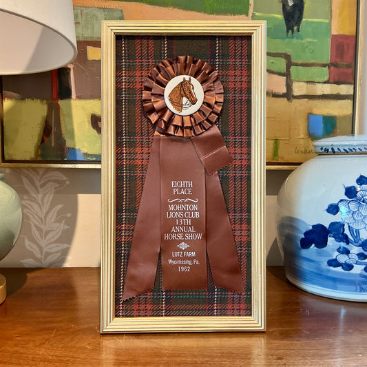 Vintage Mohnton Lions Club Horse Show Ribbon on Plaid in Gold Frame