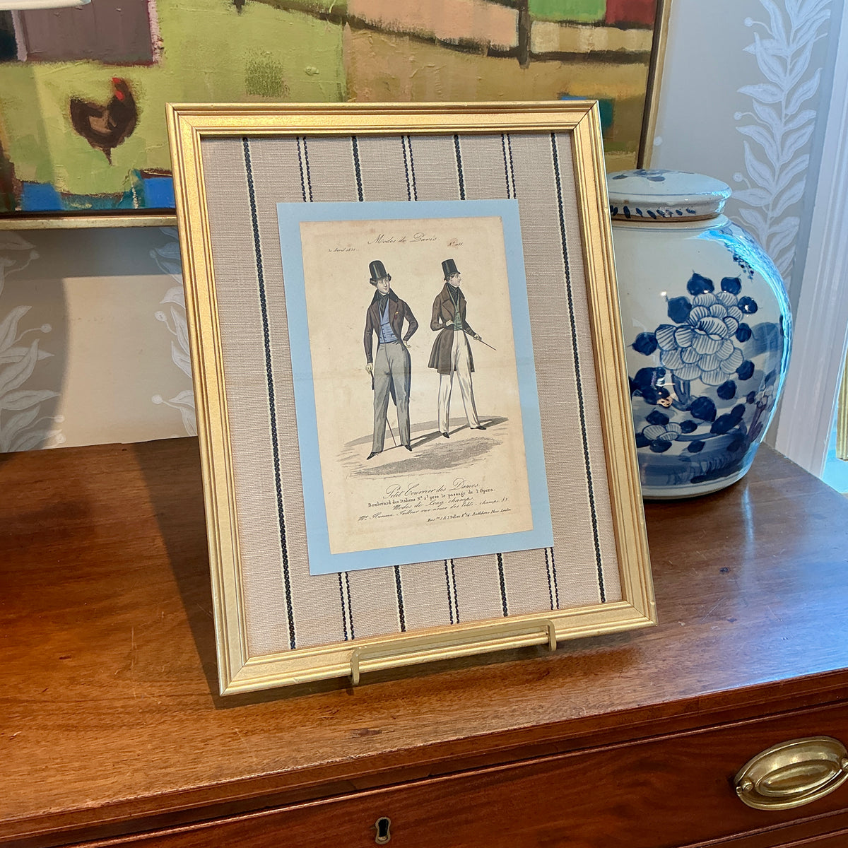Early 19th Century Hand Colored Modes De Paris French Fashion Engraving on Taupe and Black Stripes in Gold Frame