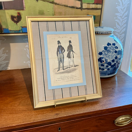 Early 19th Century Hand Colored Modes De Paris French Fashion Engraving on Taupe and Black Stripes in Gold Frame