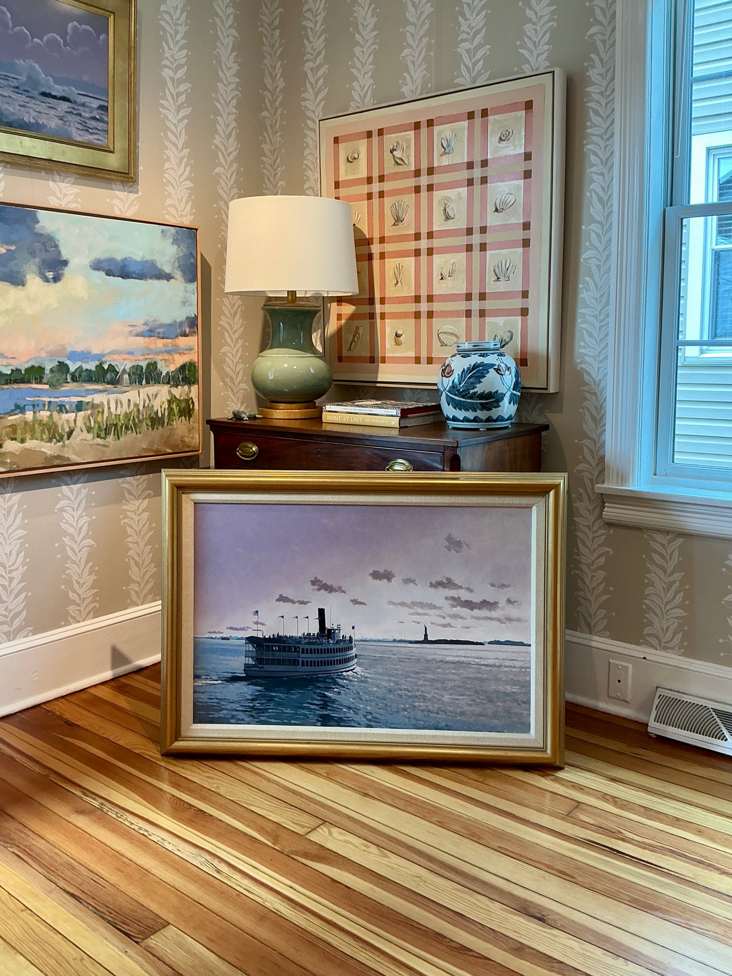 Anthony R. Thompson Harbor Cruise Statue of Liberty New York City Ellis Island Oil Painting in Gold Frame