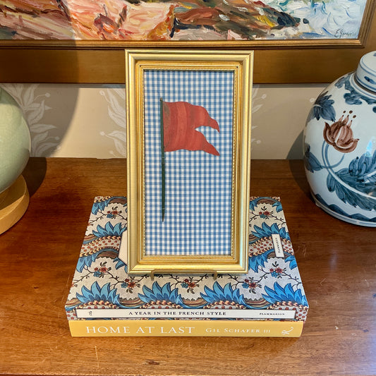 Antique 1905 Nautical Red Flag Oil Painting on Blue Gingham in Gold Frame