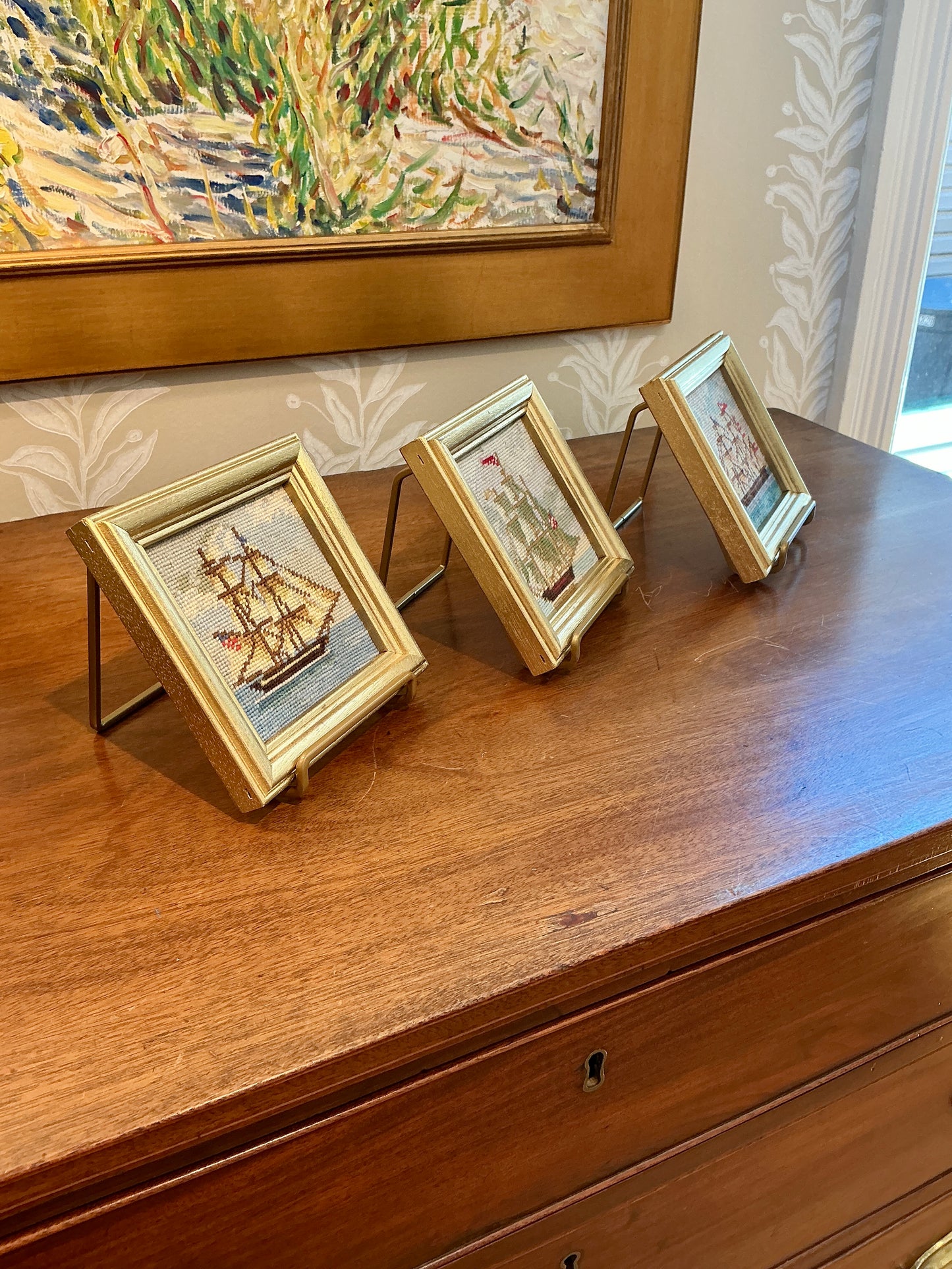 Set of Three Vintage Sailboat Needlepoint Seascapes in Gold Frame