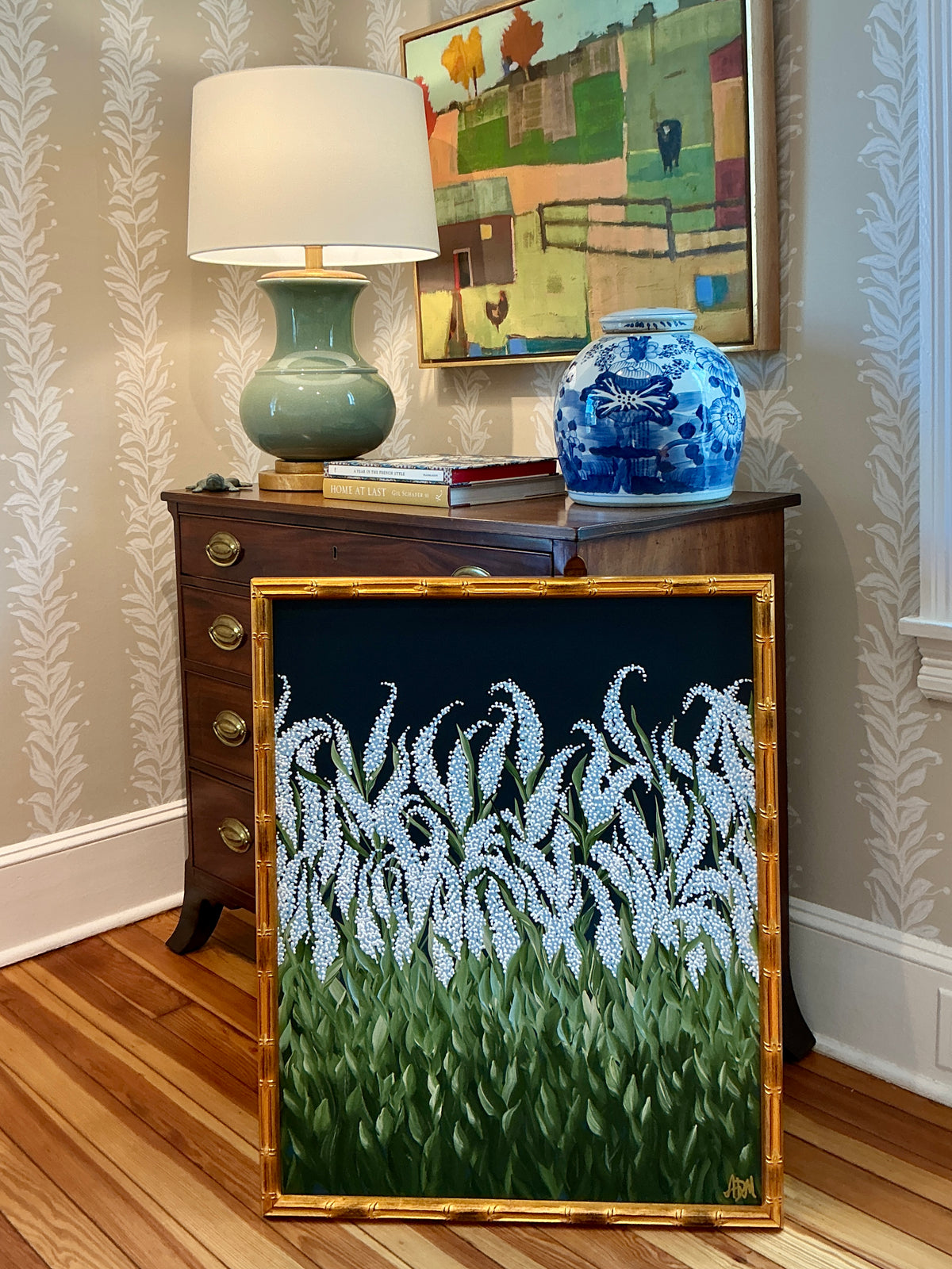 Alison Diamond McElroy Midnight Garden II Abstract Floral Painting in Gold Bamboo Frame