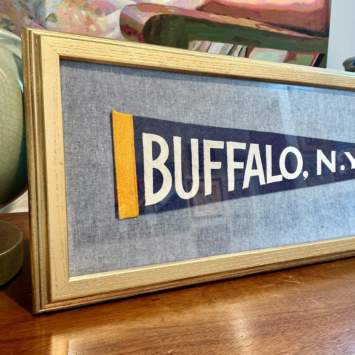Vintage Buffalo New York Pennant on Light Blue in Gold Frame