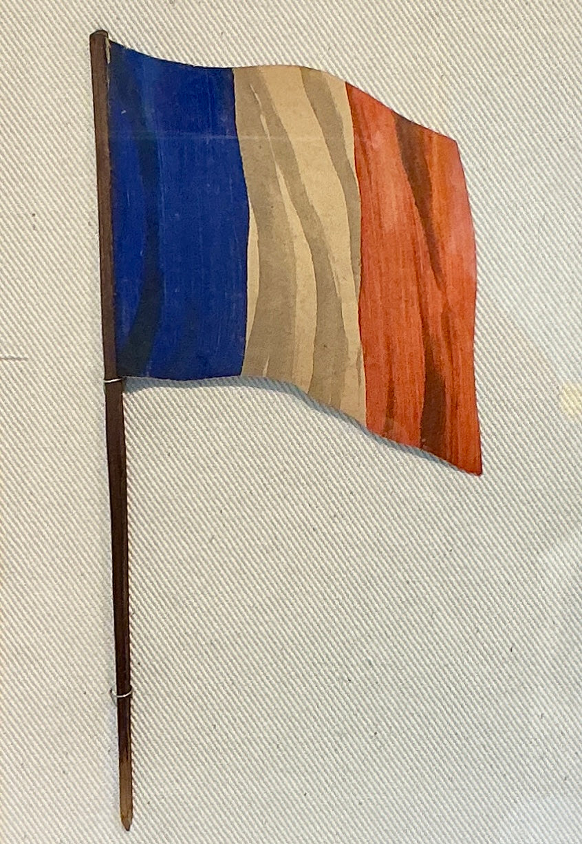 Antique French Flag Oil Painting on Ivory Duck Cloth in Oak Wood Frame