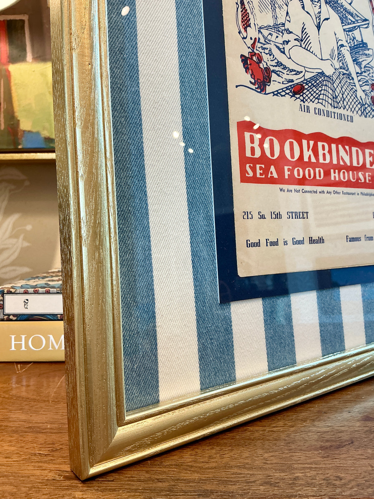 Vintage Philadelphia Bookbinders Menu on Blue and White Stripes in Gold Frame