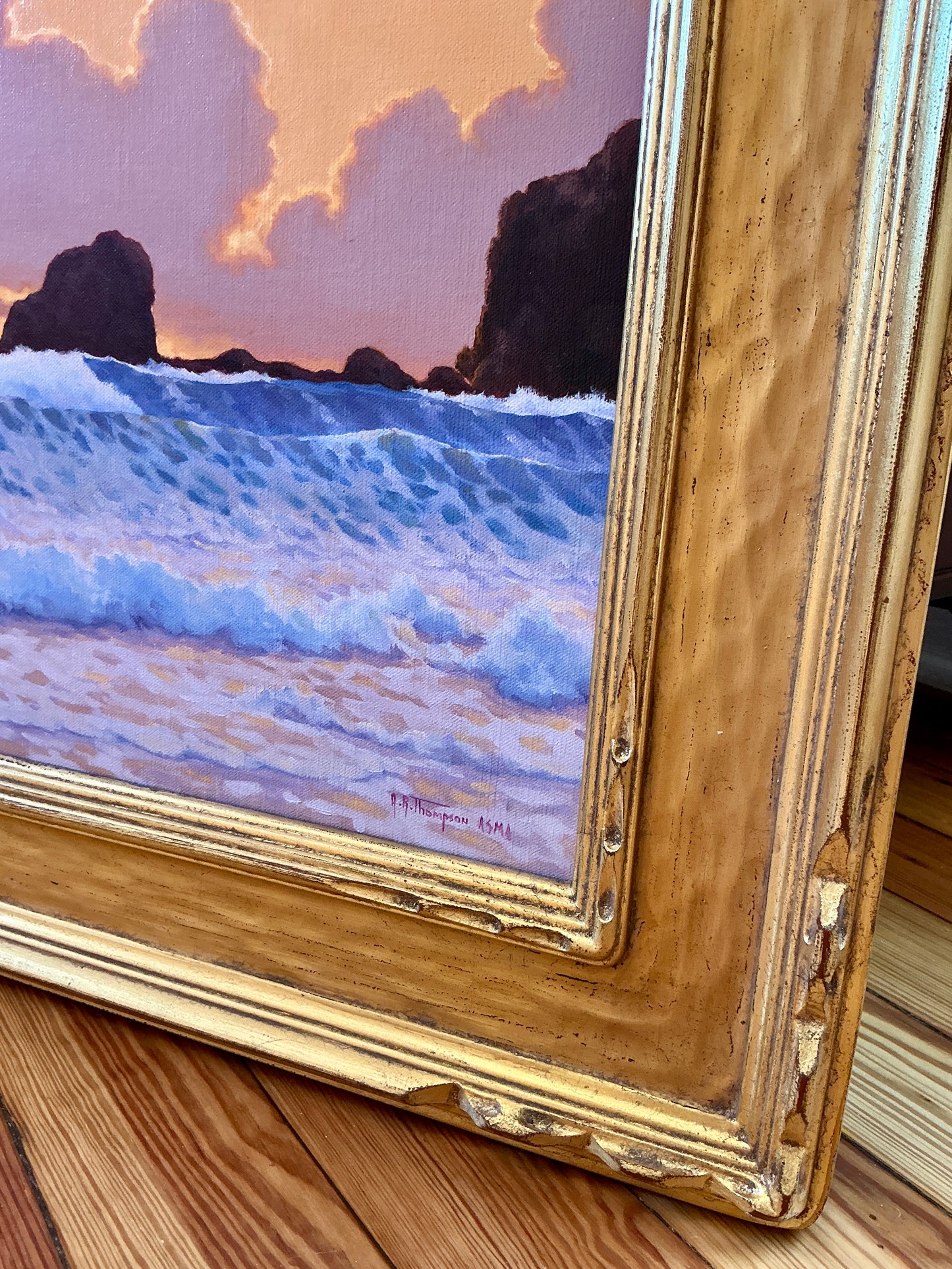 Anthony R. Thompson Sunset Quepos Seascape Oil Painting in Ornate Gold Frame
