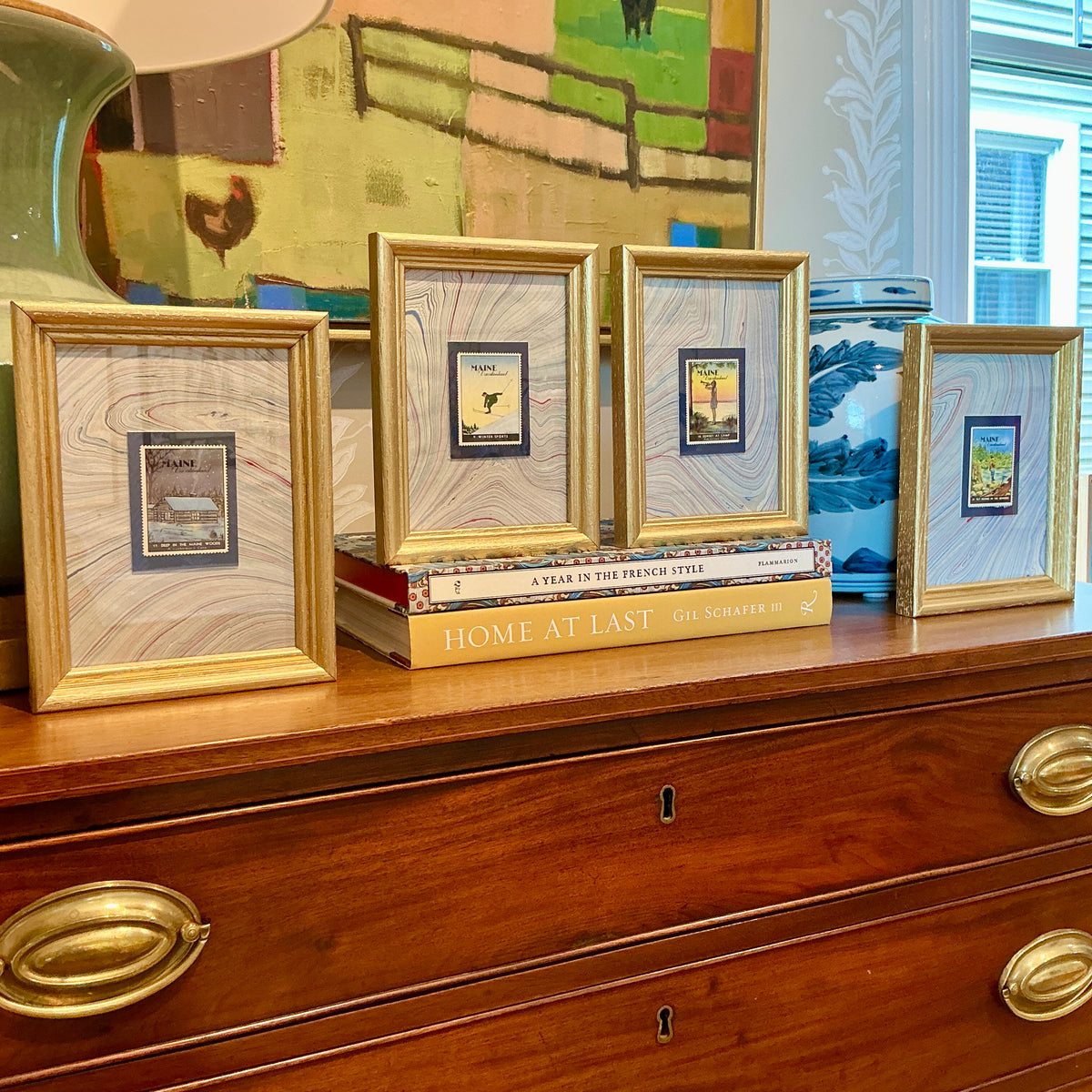 Set of Four 1940 Maine "Vacationland" Stamps on Blue Marbled Mounting in Gold Frames - Set B