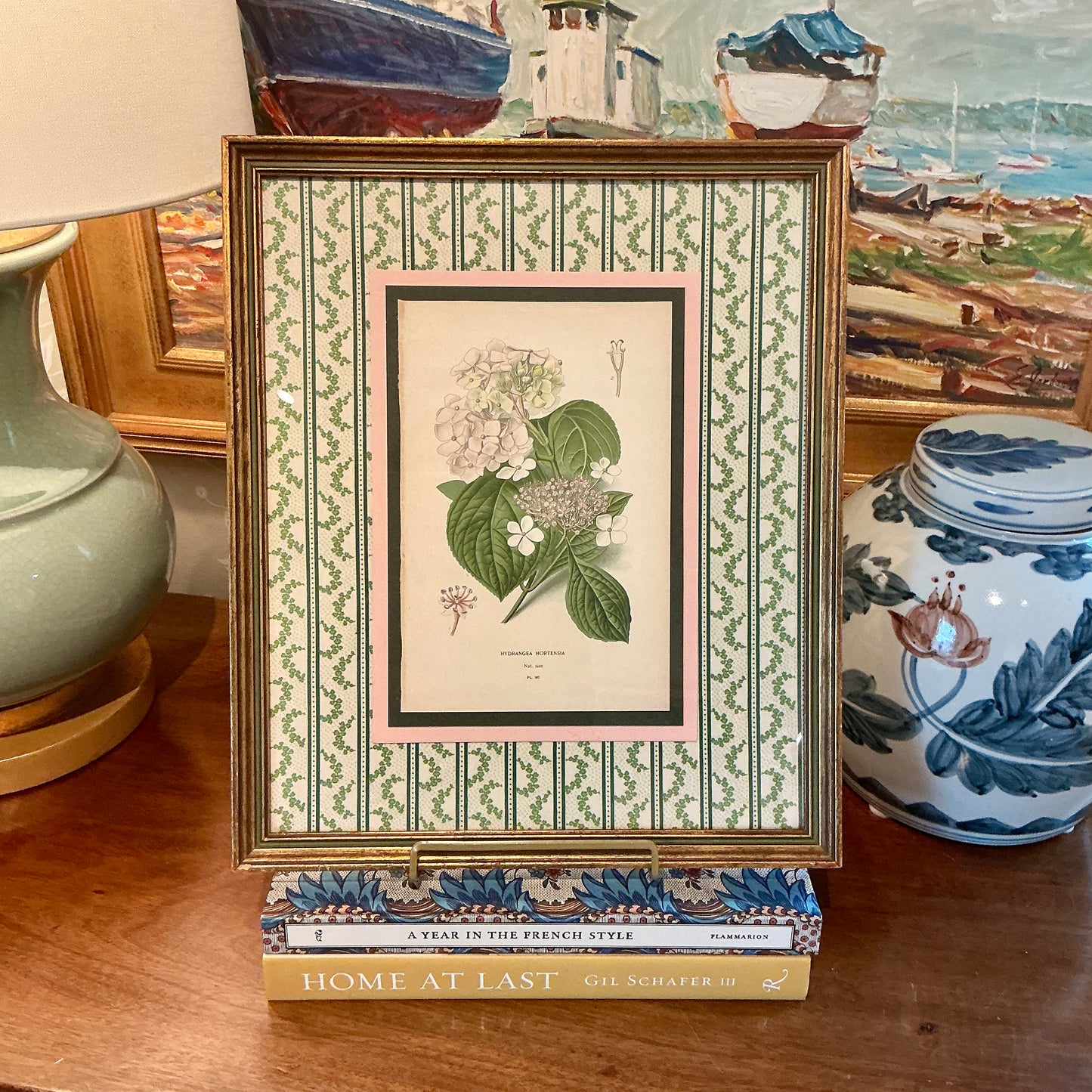 19th Century Hydrangea Hortensia Hand Colored Lithograph on Ivy Chintz Fabric in Dark Gold Frame