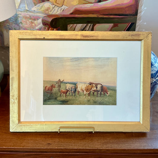 Frederick E. Valter 19th Century Cows In Pasture Landscape Watercolor Painting in Gold Frame