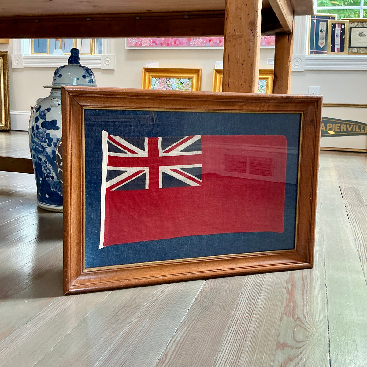 Vintage Cotton British Red Ensign Flag on Dark Chambray in Wood Frame with Gilded Liner