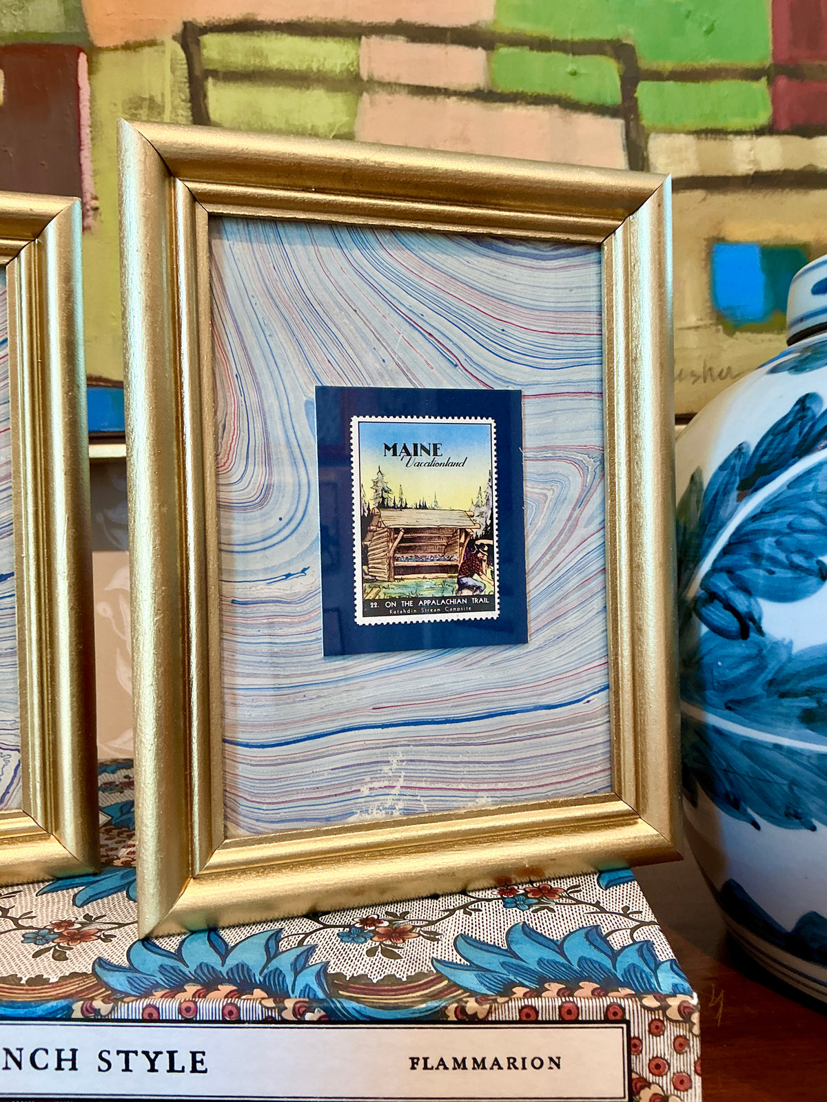 Set of Four 1940 Maine "Vacationland" Stamps on Blue Marbled Mounting in Gold Frames - Set A
