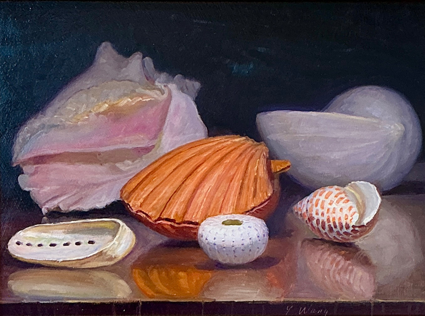 Youqing Wang Seashells On Table Still Life Oil Painting in Gold Frame