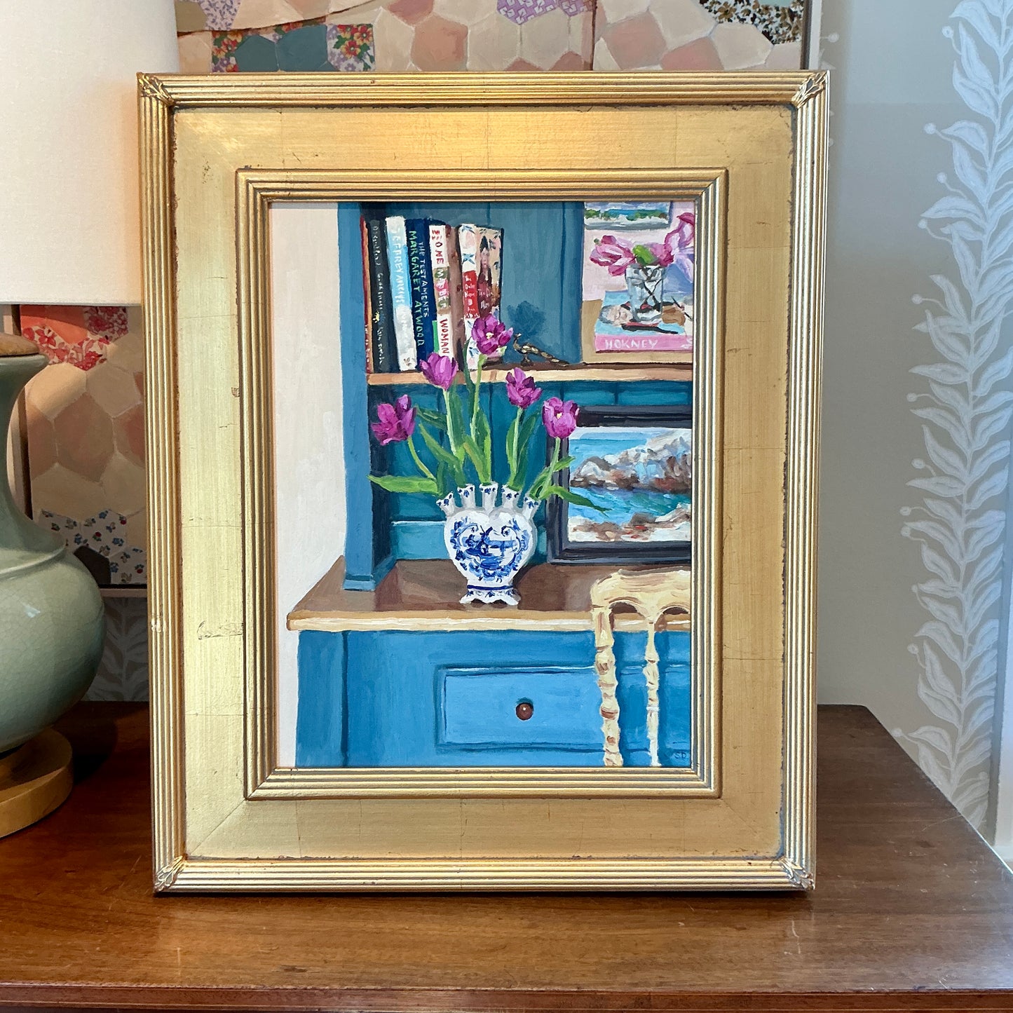 Stephanie Doucet Delft Tulipiere On The Blue Shelves Still Life Oil Painting in Gold Frame