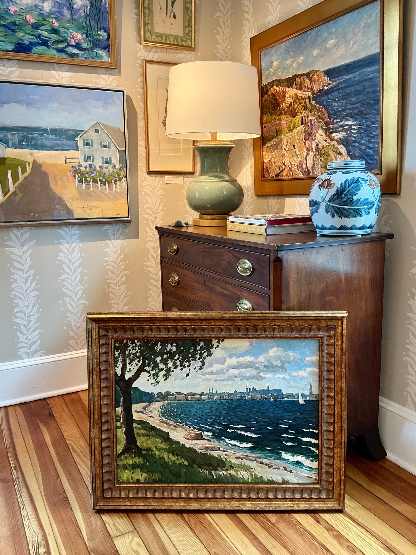 Impressionist Riverside Landscape Oil Painting in Dark Gold Frame