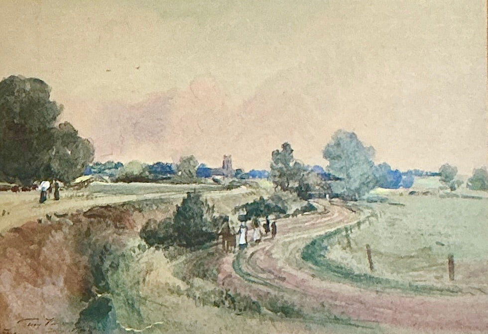 1893 Percy Thomas English Country Scene Landscape Watercolor Painting in Gold Frame