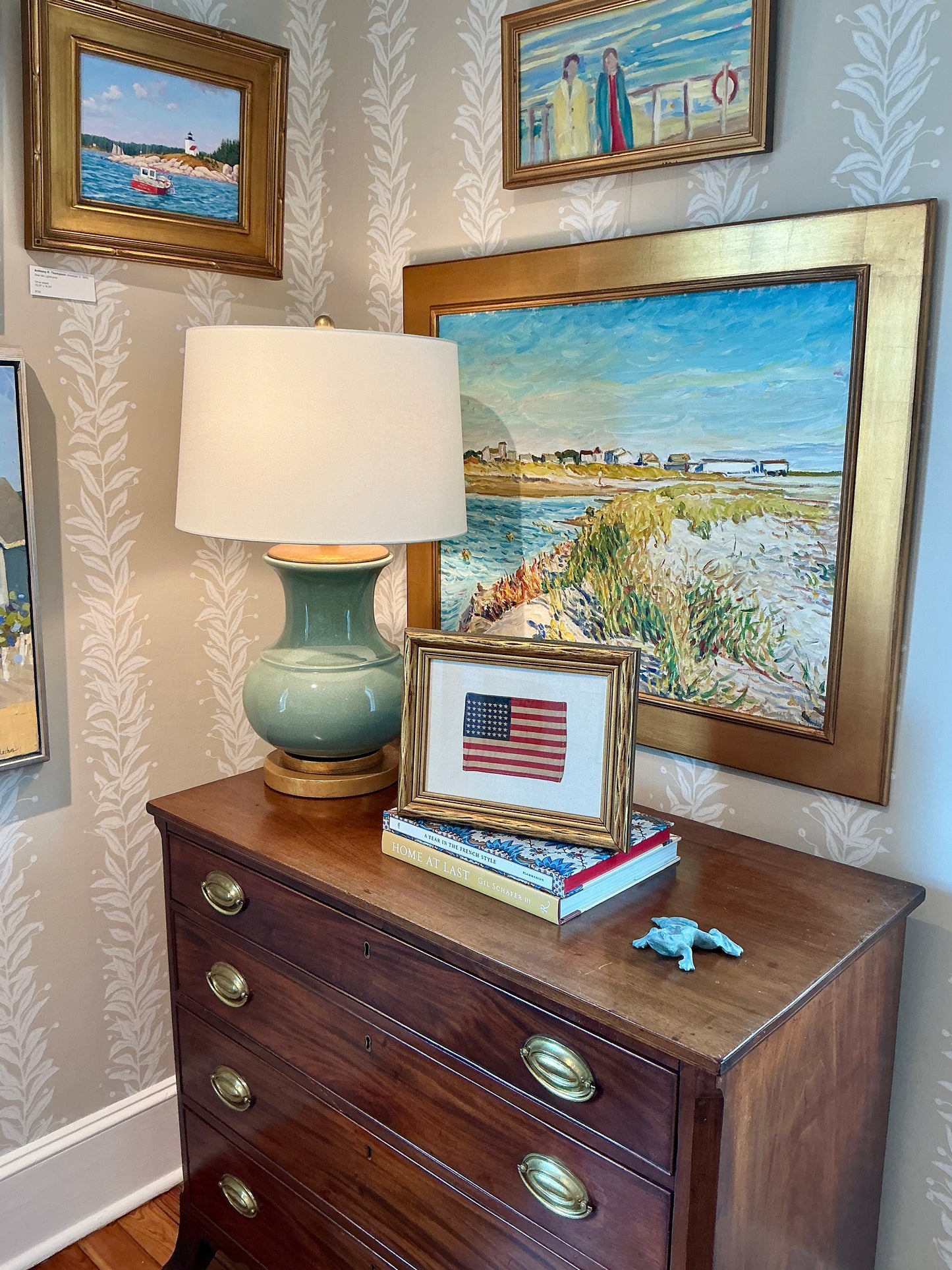 Vintage 48 Star American Flag on Ivory Sail Cloth in Antique Wavy Gold Frame