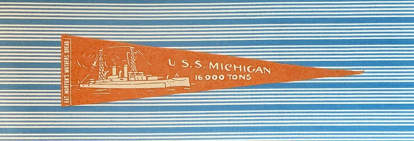 Vintage U.S.S. Michigan Naval Ship on Blue Stripes in Gold Frame