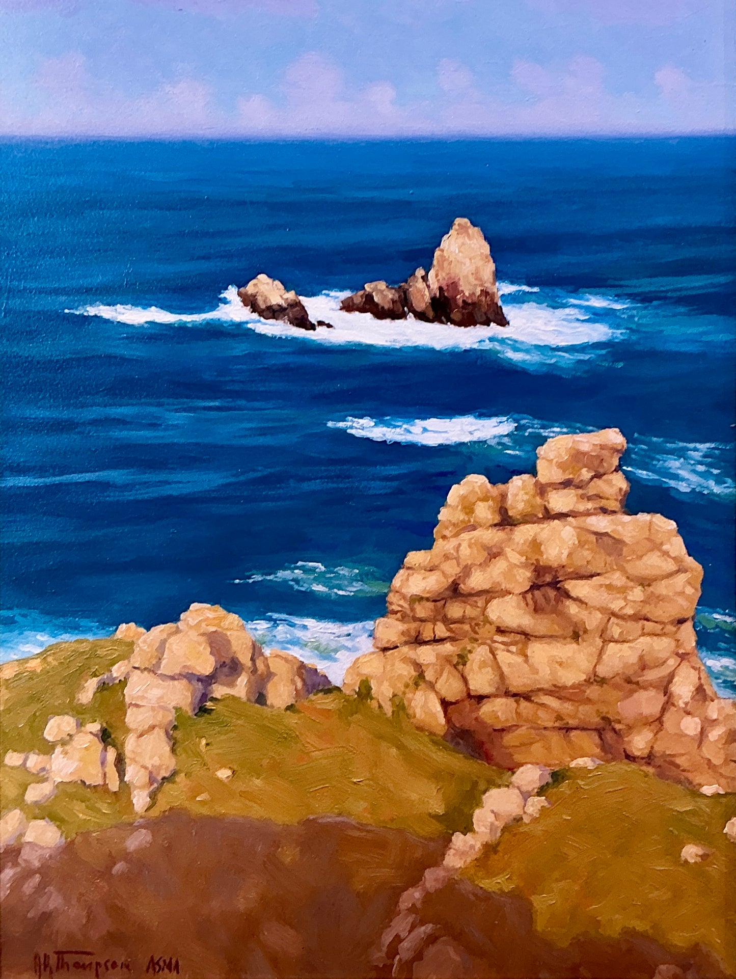 Anthony R. Thompson Cap Sizun Brittany France Coastal Landscape Oil Painting in Gold Frame