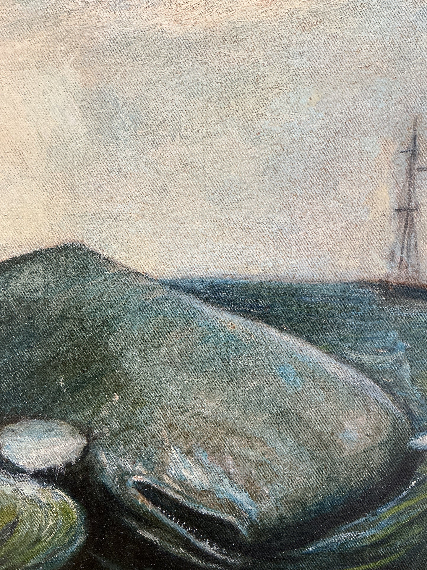 19th Century "Nantucket Sleigh Ride" American Folk Whale Seascape Whaling Scene Oil Painting in Wood Frame With Gilded Liner