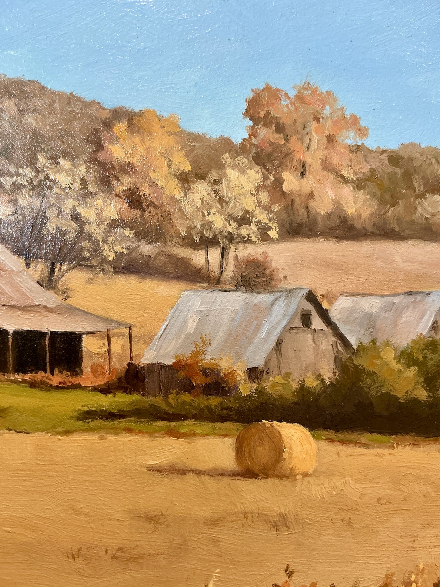 Anthony R. Thompson Old Farm With Hay Rolls Landscape Oil Painting in Gold Frame