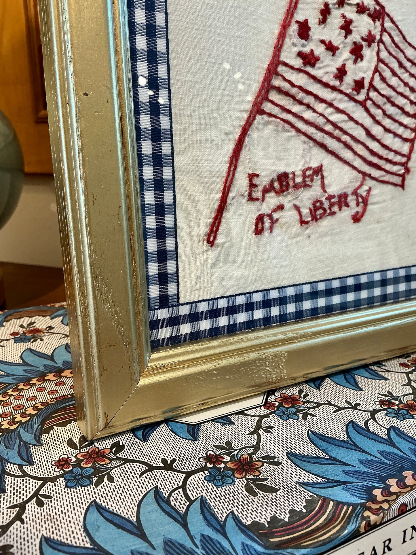 Antique American Flag Redwork Embroidery on Navy Gingham in Gold Frame