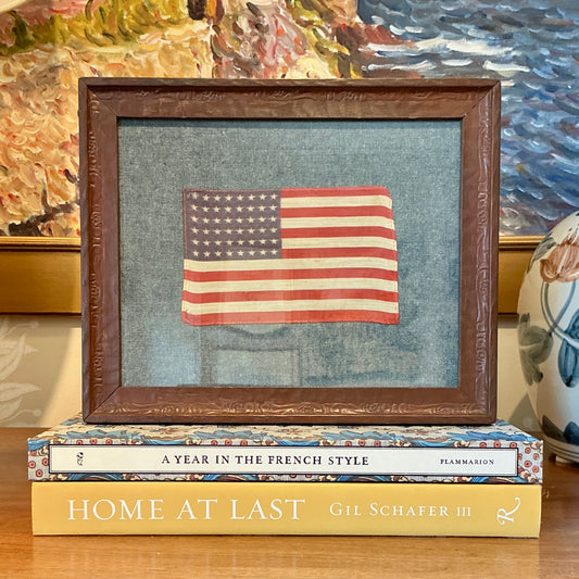 Vintage 48 Star American Flag on Chambray in Antique Floral Wood Frame