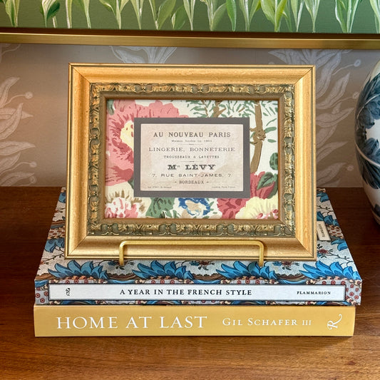Late 19th Century Parisian Lingerie Trade Card on Lee Jofa Althea Fabric in Gold Frame