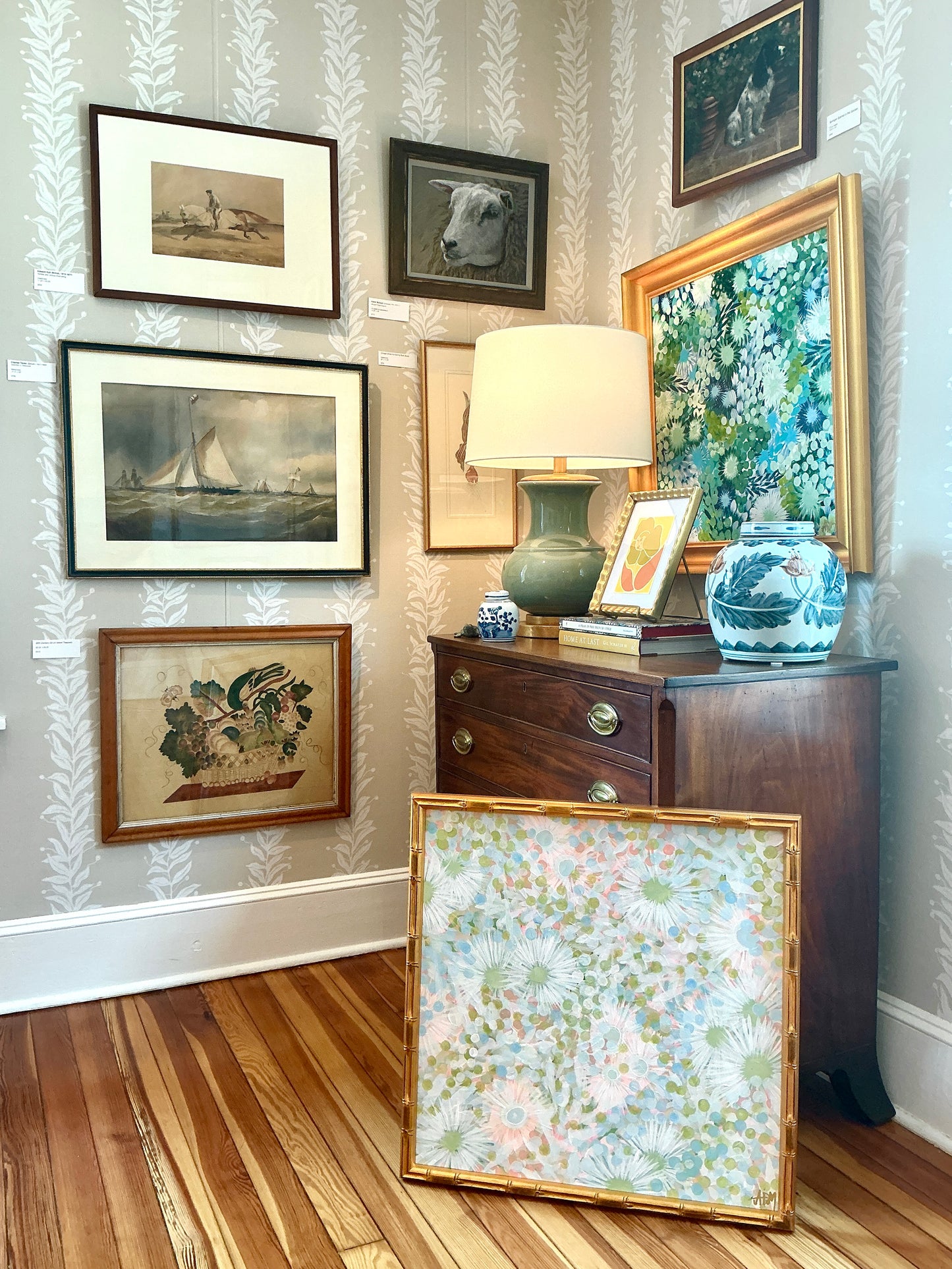 Alison Diamond McElroy Spritz Season Abstract Floral Painting in Gold Bamboo Frame