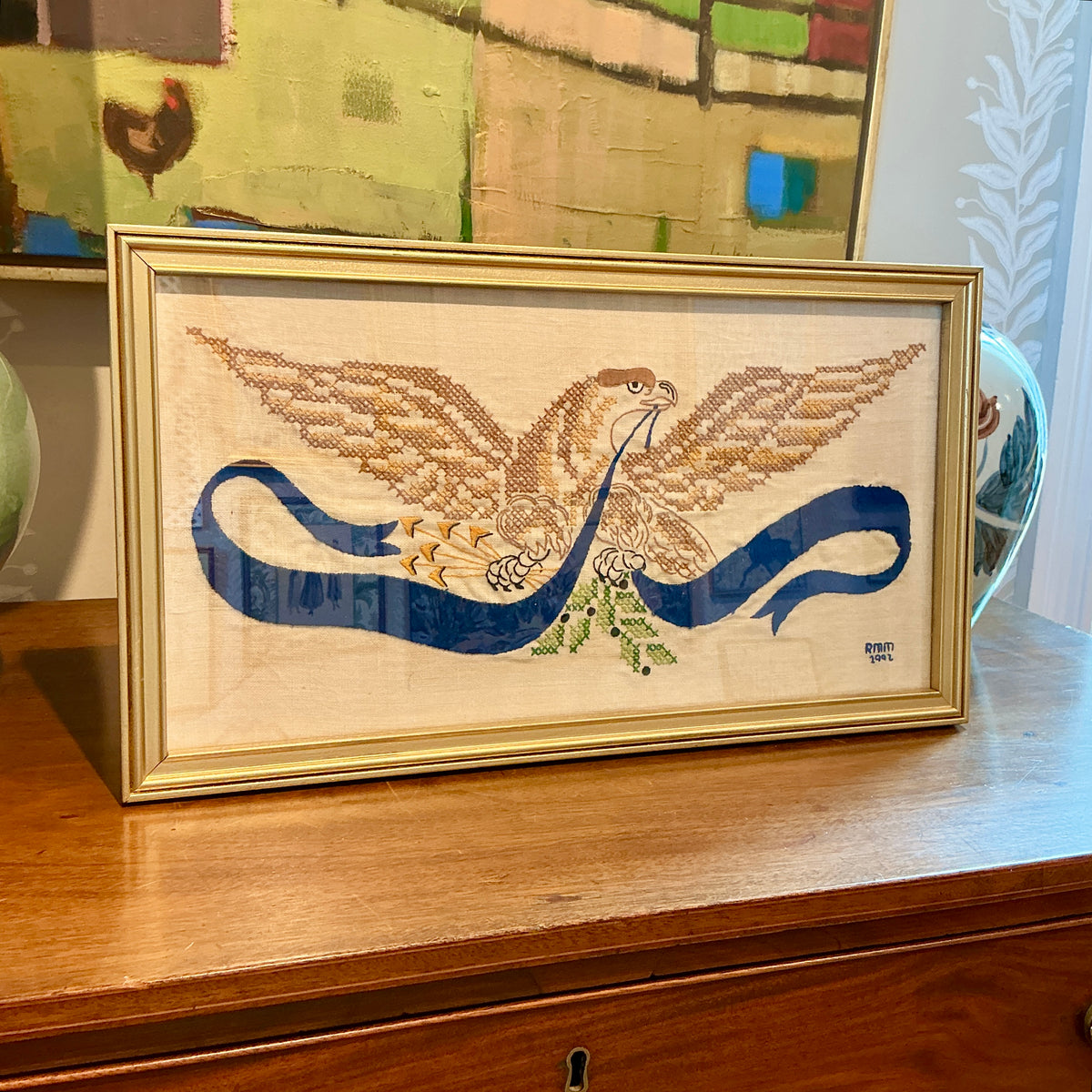 Vintage American Bald Eagle Americana Embroidery in Gold Frame