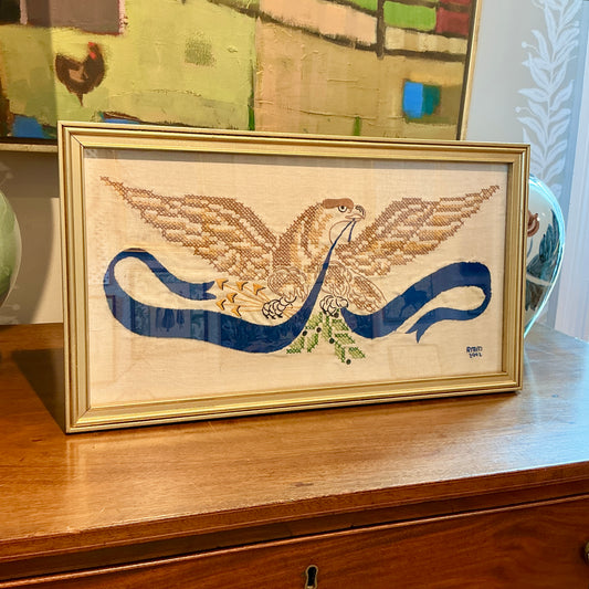 Vintage American Bald Eagle Americana Embroidery in Gold Frame