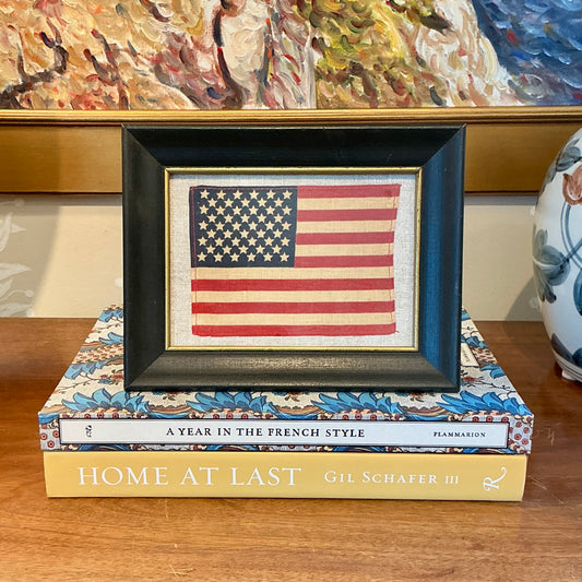 Vintage 50 Star American Flag on Light Grey Grain Sack Fabric in Black Frame