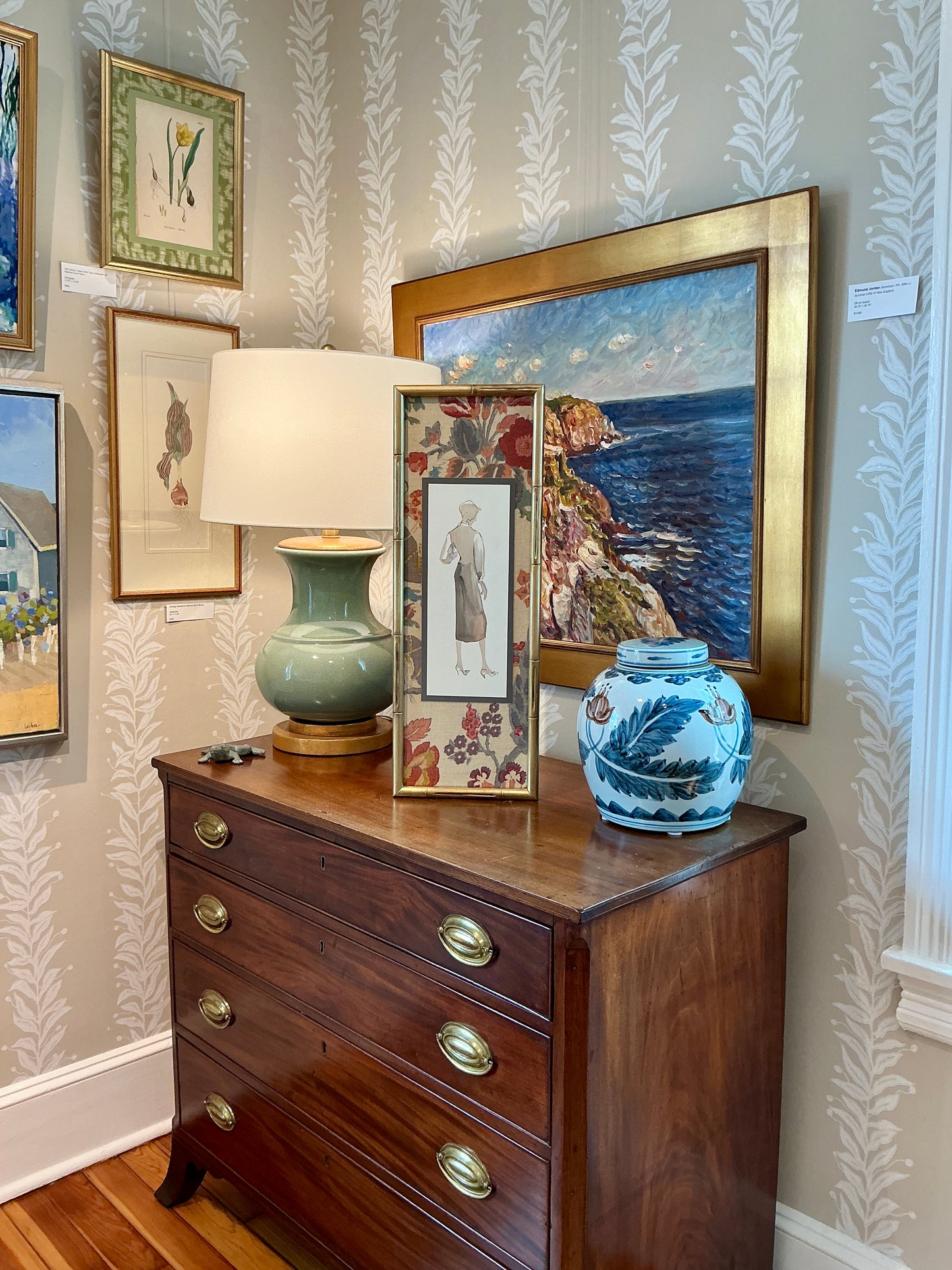 Catherine Figart Vogue Watercolor Fashion Illustration on Schumacher Persian Lancer Linen in Gold Bamboo Frame
