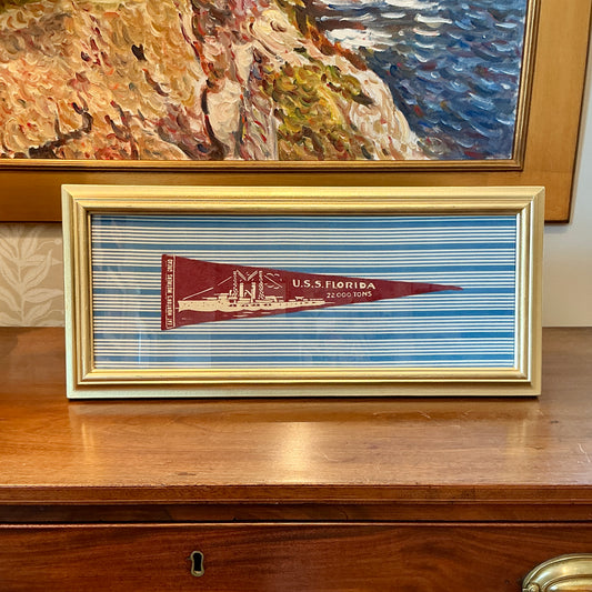 Vintage U.S.S. Florida Naval Ship Wool Pennant on Blue Stripes in Gold Frame