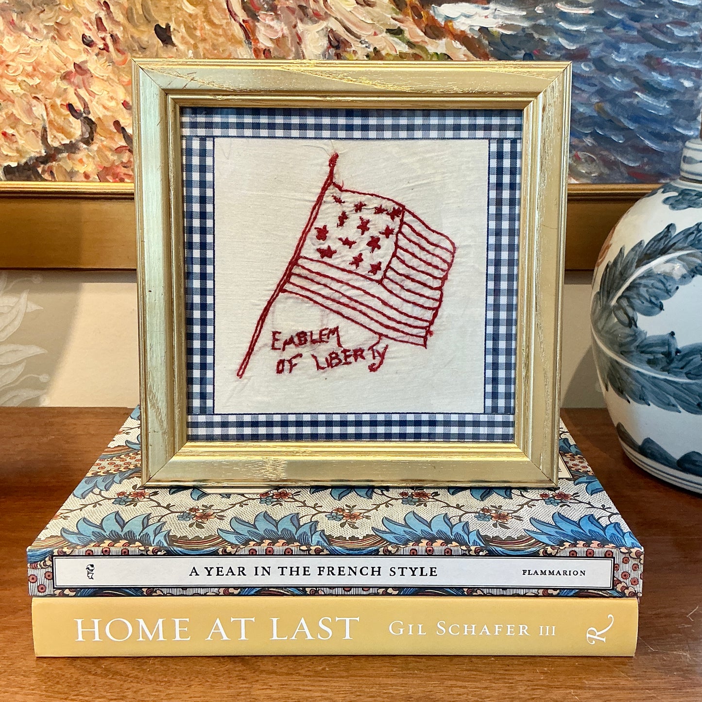 Antique American Flag Redwork Embroidery on Navy Gingham in Gold Frame