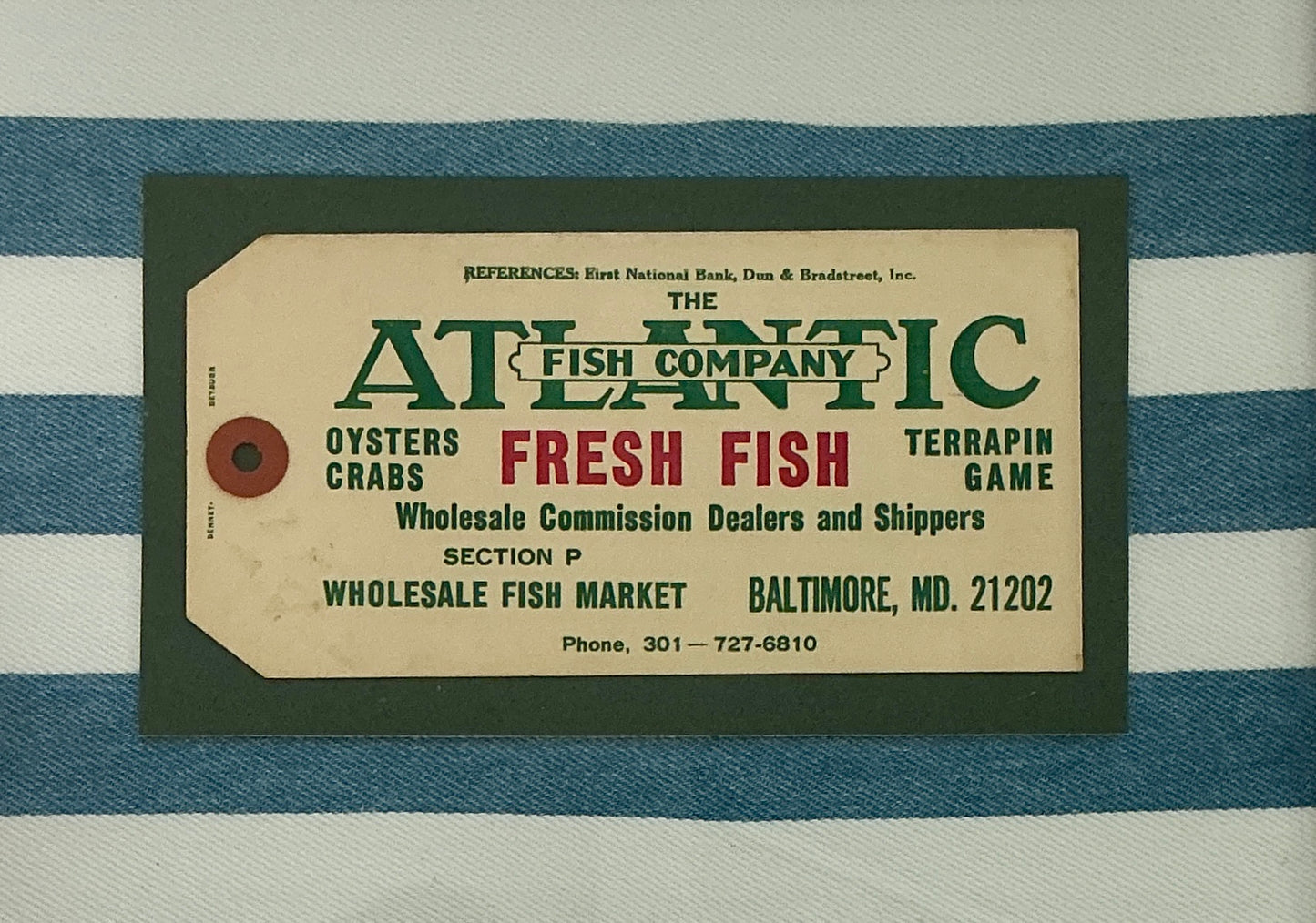 Vintage Fresh Fish Old Baltimore, Maryland Fishmonger's Tag on Blue and White Stripes in Gold Frame