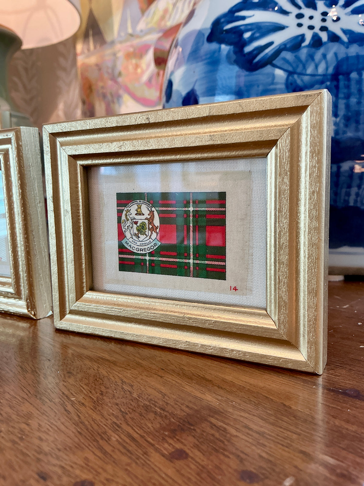 Set of Five Antique Scottish Tartan Tobacco Silks on Ivory in Gold Frames