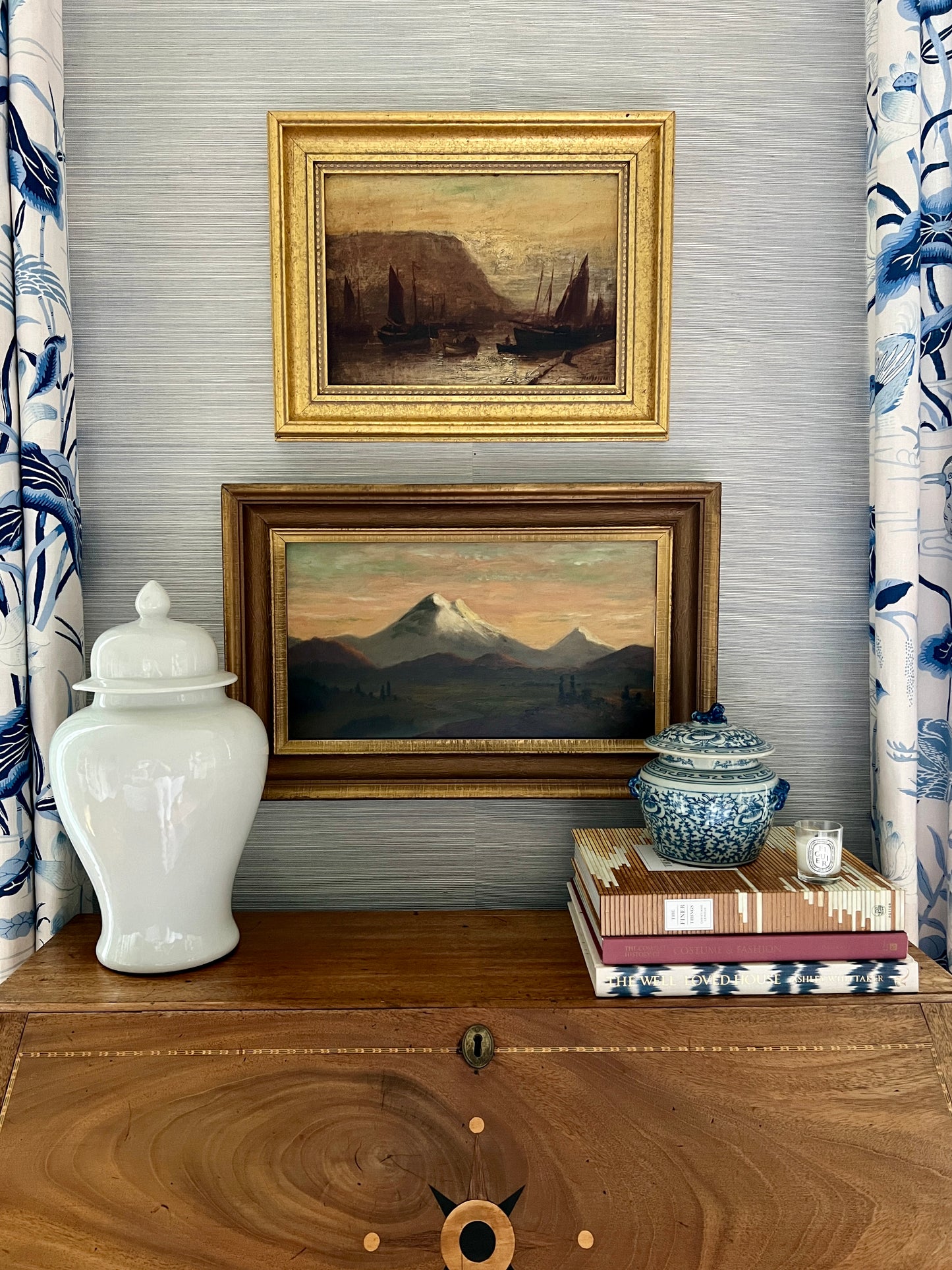 Antique American West Mountain Landscape Painting in Dark Gold Wood Frame