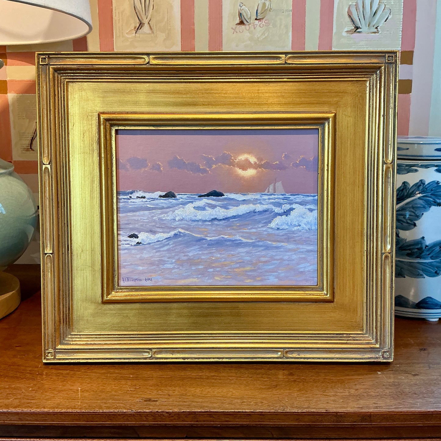 Anthony R. Thompson Maui Sunset Hawaii Seascape Oil Painting in Gold Frame