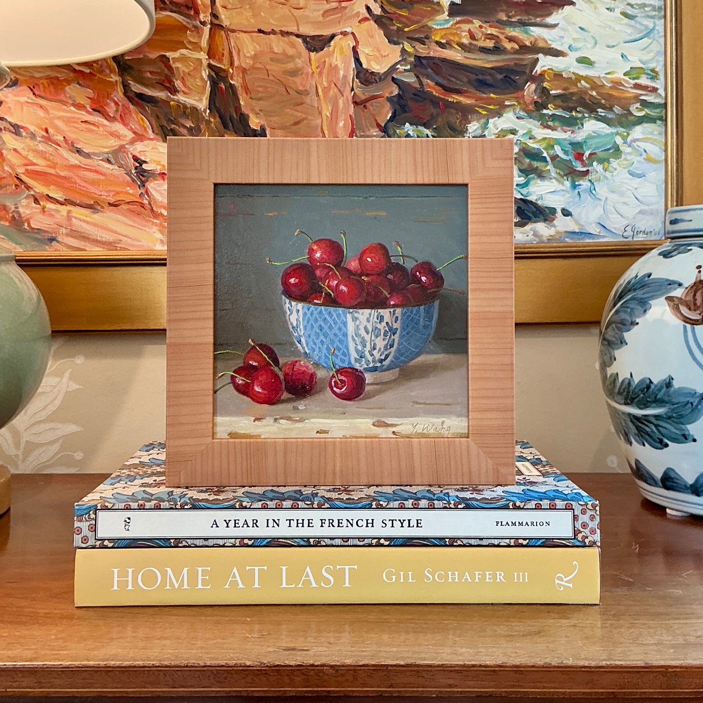Youqing Wang Cherries In Bowl Still Life Oil Painting in Wood Frame