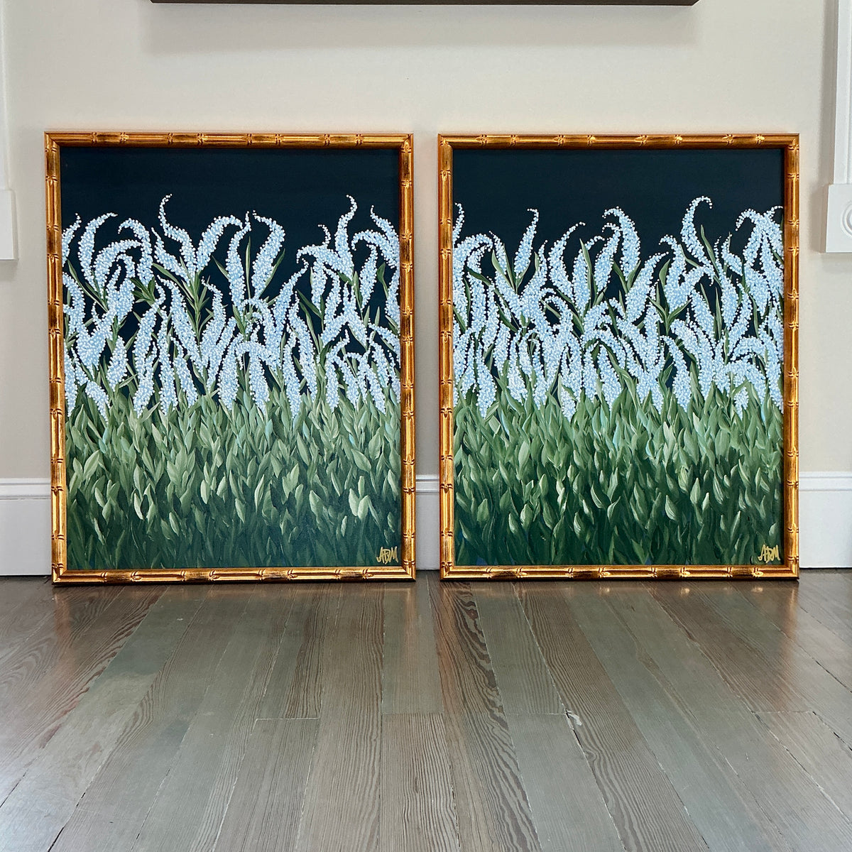 Alison Diamond McElroy Midnight Garden II Abstract Floral Painting in Gold Bamboo Frame