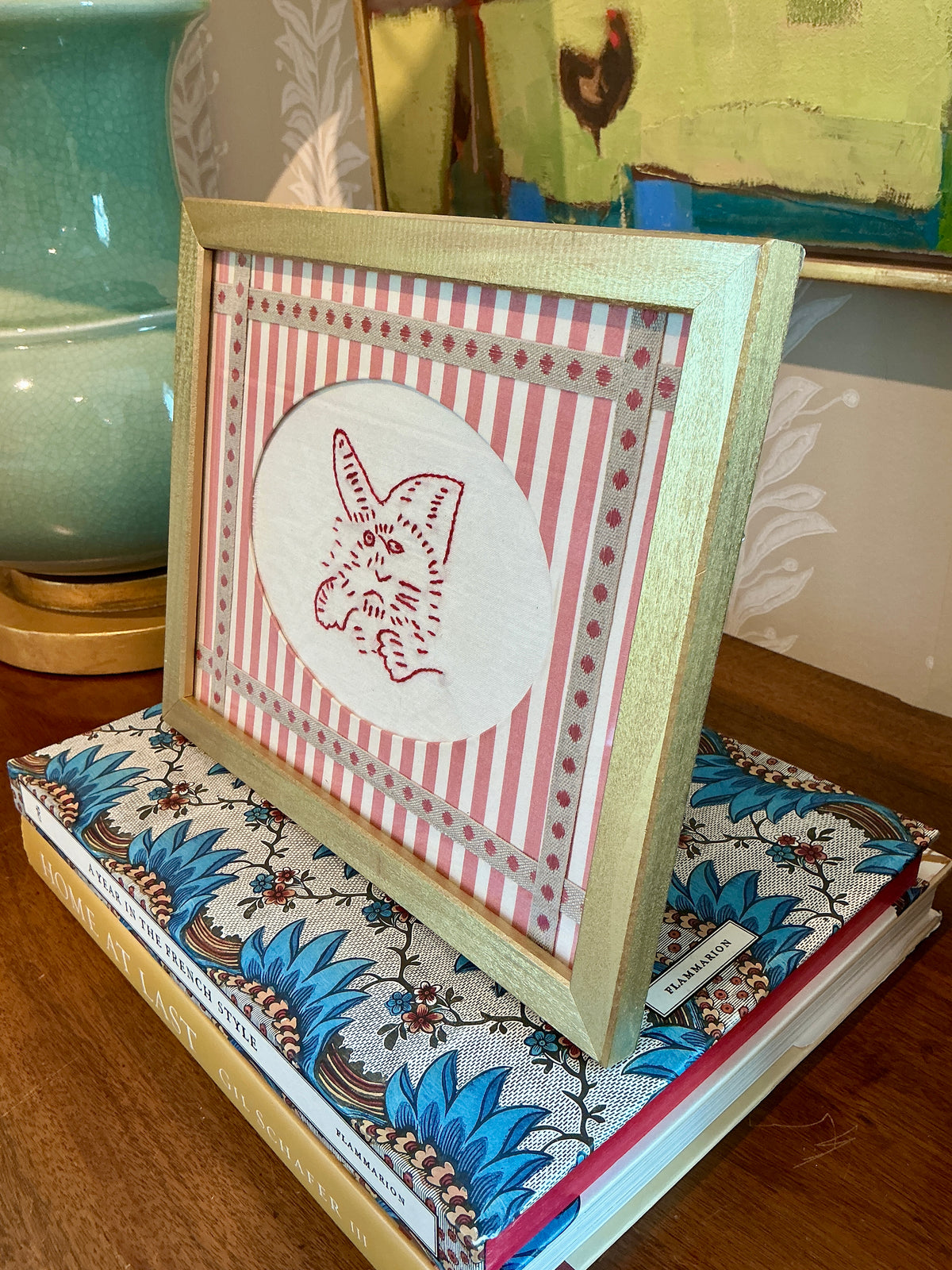 Antique Redwork Grumpy Cat Embroidery in Pink Stripes Wrapped Mat in Gold Frame