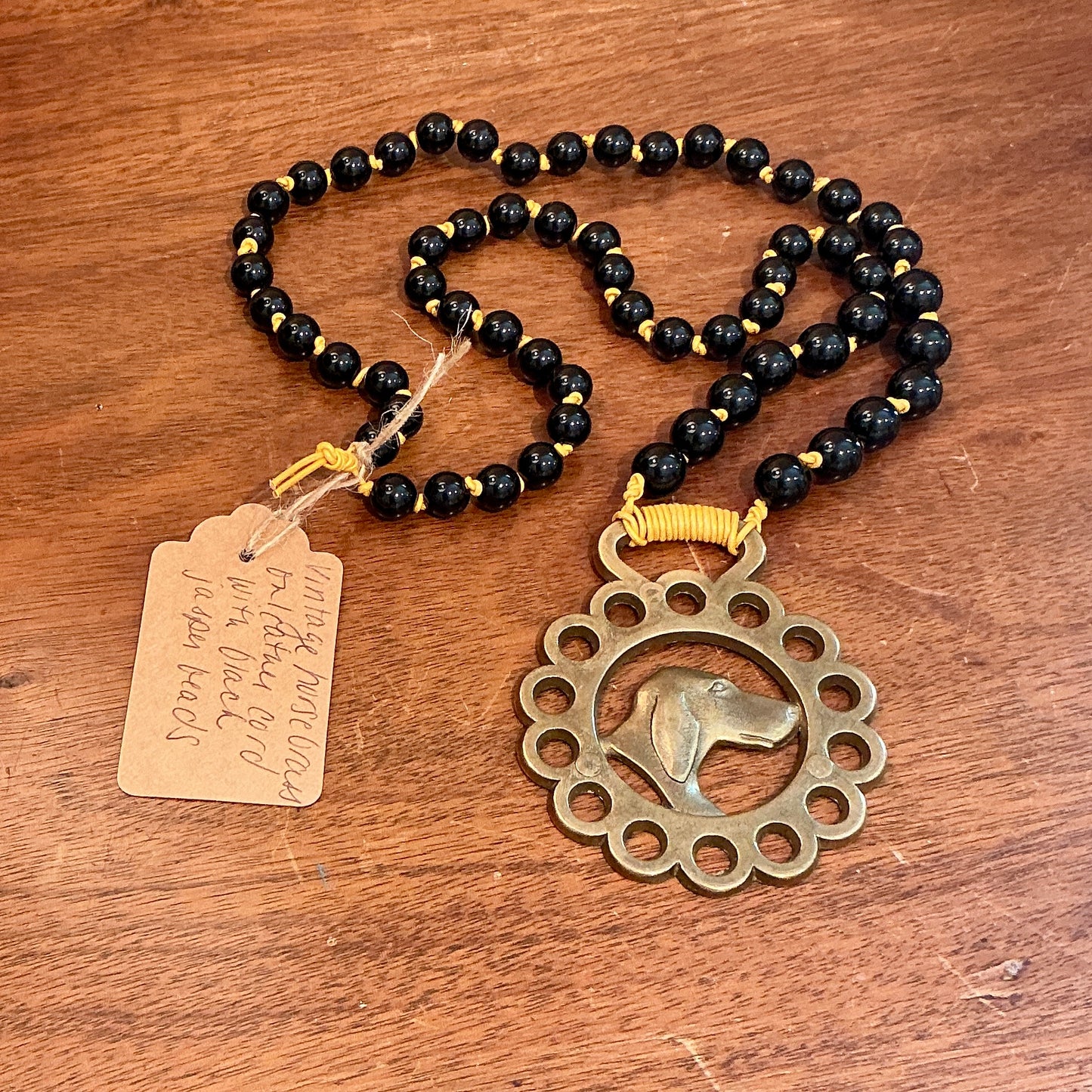 Antique English Horse Brass Dog Medallion Black Jasper Beaded Hand Knotted Necklace